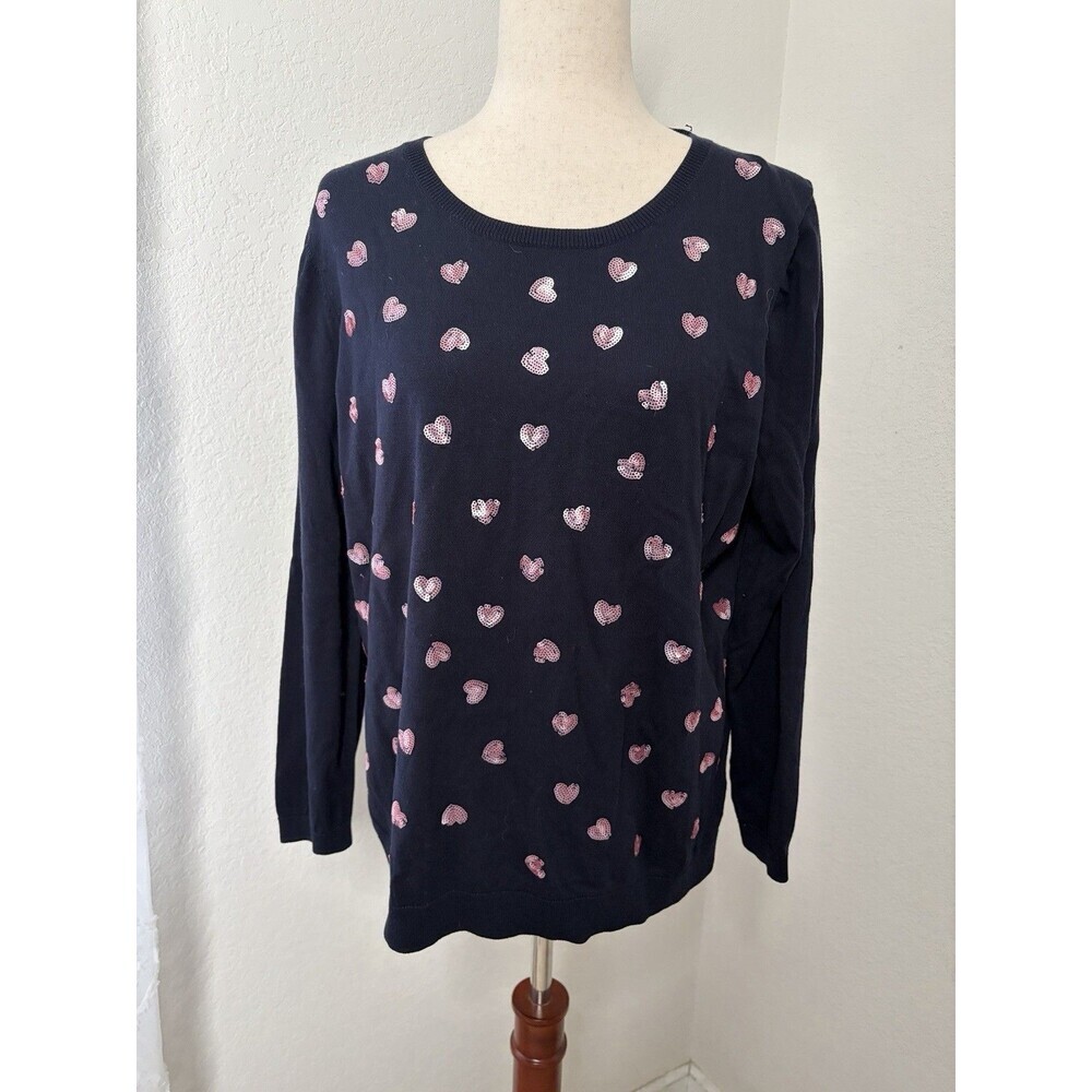 Talbots Women’s 1X Navy Blue Pink Sequin Heart Sweater Scoop Neck Girly